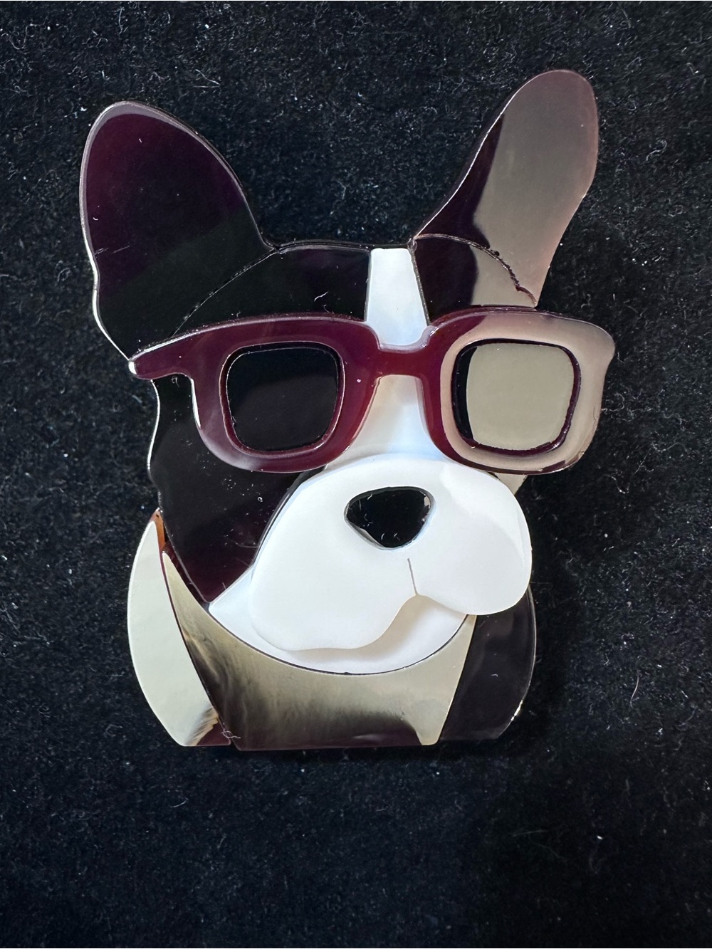 377- Stylish Black & White French Bulldog Dog Pin with Burgundy Glasses acrylic